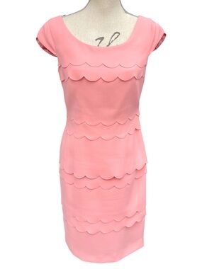 Jacques Vert Petal Pink Scoop Neck Cap Sleeve Scalloped Shift Dress (6P)